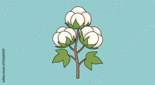 Stylized cotton plant illustration with symmetrical design and calm pastel blue background perfect for textile or botanical theme projects