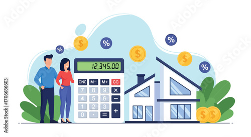 Flat illustration of a couple using a mortgage calculator with house, coins, and percentage signs, symbolizing loan planning, housing finance, interest rates, and property investment budgeting