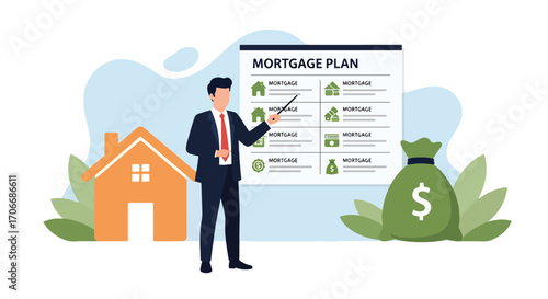 Flat illustration of a real estate agent explaining a mortgage plan with home, money bag, and financial options, symbolizing housing loans, investment strategies, and property ownership planning