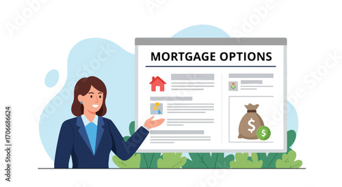 Flat illustration of a real estate agent explaining a mortgage plan with home, money bag, and financial options, symbolizing housing loans, investment strategies, and property ownership planning