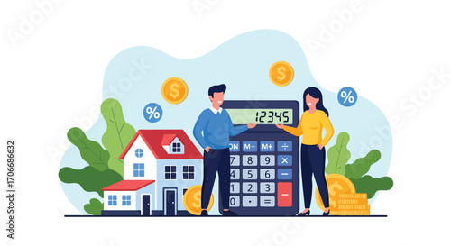 Flat illustration of a couple using a mortgage calculator with house, coins, and percentage signs, symbolizing loan planning, housing finance, interest rates, and property investment budgeting