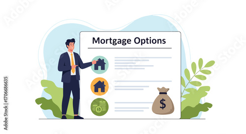 Flat illustration of a real estate agent explaining a mortgage plan with home, money bag, and financial options, symbolizing housing loans, investment strategies, and property ownership planning