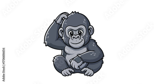 Cartoon Gorilla Character Sitting and Pondering with a Thoughtful Expression in a Playful Illustration perfect for educational content