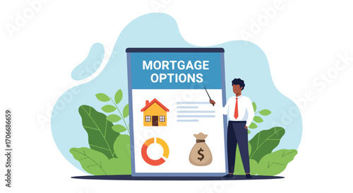 Flat illustration of a real estate agent explaining a mortgage plan with home, money bag, and financial options, symbolizing housing loans, investment strategies, and property ownership planning