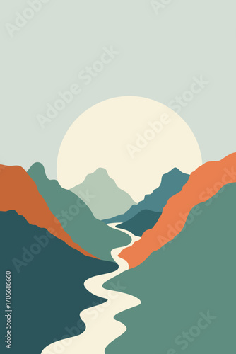 Mountain Valley with River and Sunrise – Nature, Landscape and Travel Abstract Vector Illustration