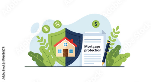 Flat illustration of mortgage protection document with shield, house icon, pen, and coins, representing home insurance, financial security, loan coverage, and property investment safety