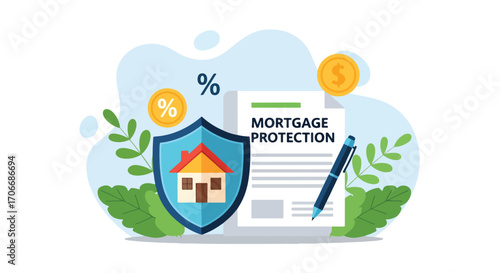 Flat illustration of mortgage protection document with shield, house icon, pen, and coins, representing home insurance, financial security, loan coverage, and property investment safety