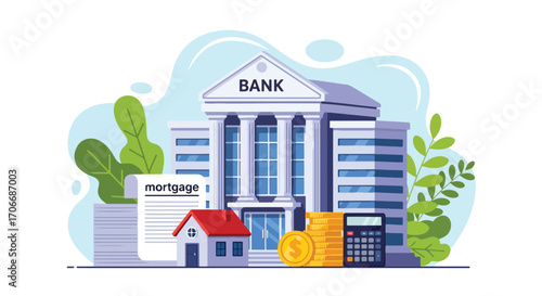 Flat illustration of a bank building with mortgage documents, house, money, coins, and calculator, symbolizing home loans, financial services, real estate investment, and banking system