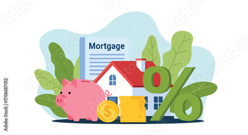 Flat illustration of a house mortgage concept with piggy bank, percentage sign, coins, and home, symbolizing real estate loans, interest rates, financial planning, and property investment