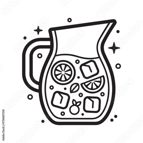 Refreshing pitcher of iced lemonade or sangria with fruit slices, sparkling line art icon vector
