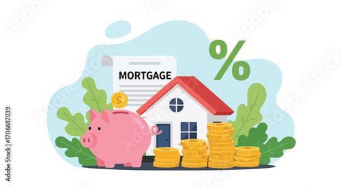 Flat illustration of a house mortgage concept with piggy bank, percentage sign, coins, and home, symbolizing real estate loans, interest rates, financial planning, and property investment