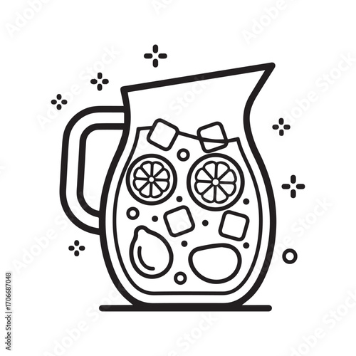 Refreshing pitcher of iced lemonade or sangria with fruit slices, sparkling line art icon vector
