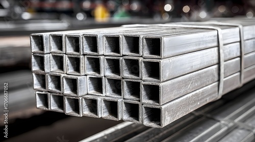 Bundle of hollow stainless steel square tubes tied together in factory.