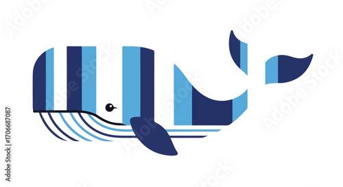 Stylized Whale Illustration with Alternating Blue Stripes for Children's Book Design or Apparel Projects