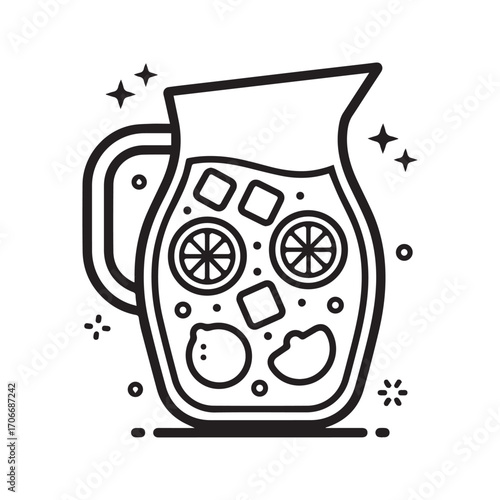 Refreshing pitcher of iced lemonade or sangria with fruit slices, sparkling line art icon vector
