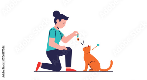 Captivating feline charm: A flat vector illustration of a woman engaging and playing with her endearing ginger cat with a captivating toy