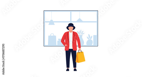 Stylish shopper with purchases posing in front of shop window display illustration on white backdrop