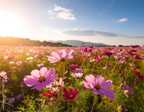 Vibrant cosmos field at sunrise