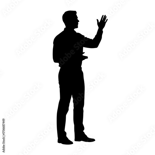 Man gesturing with hand silhouette isolated on white background