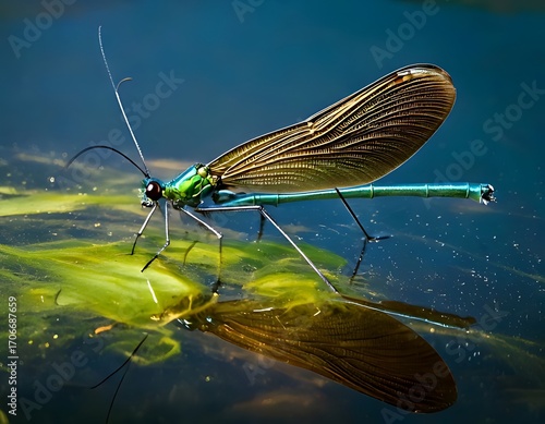 Vibrant dragonfly resting on water