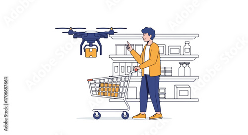 Modern Retail: Person using drone delivery service to transport purchases from store shelves using new technology