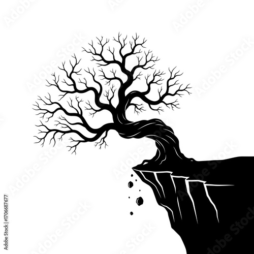 Twisted tree on cliff edge silhouette isolated on white background