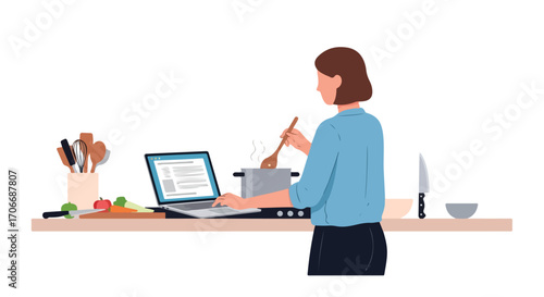 Woman Preparing Meal While Browsing Online Recipes on Laptop in Modern Kitchen Setting