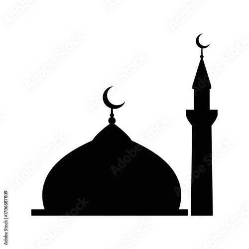 Mosque dome and minaret silhouette isolated on white background