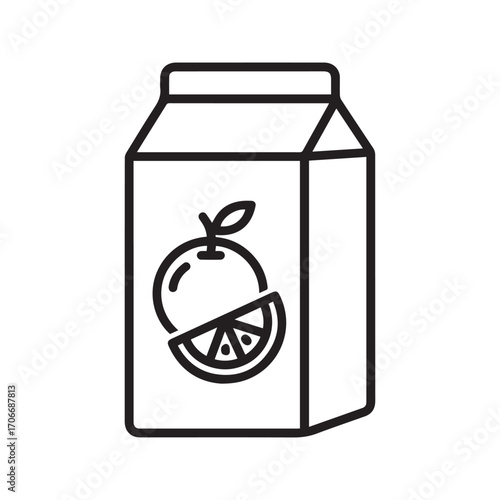 Orange juice carton icon, fruit beverage packaging, simple line art vector illustration
