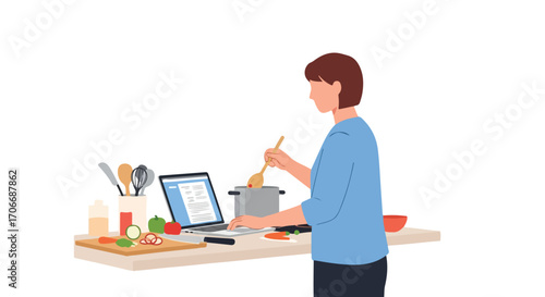 Woman mixing food with a spoon watching recipe on laptop multitasking in the kitchen at home preparing food during online video call or virtual