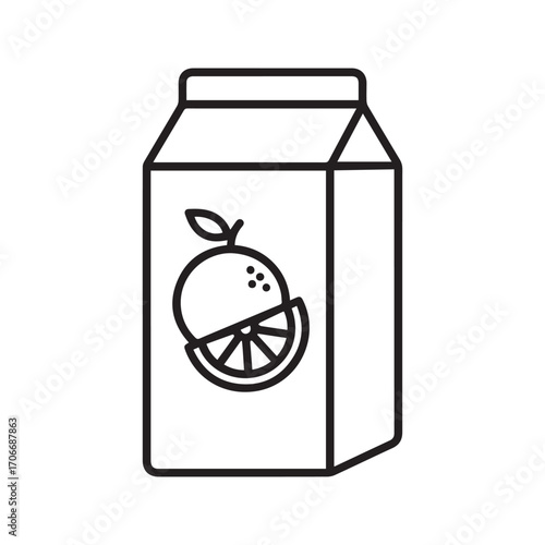 Orange juice carton icon, fruit beverage packaging, simple line art vector illustration
