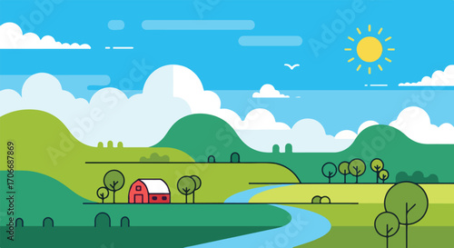 Stylized Countryside Illustration Featuring a Red Barn, Winding River, and Rolling Hills under a Cheerful Sun