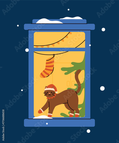 Christmas window, cat in cute Christmas clothes. Winter holiday in a decorated cozy house. Flat vector illustration.