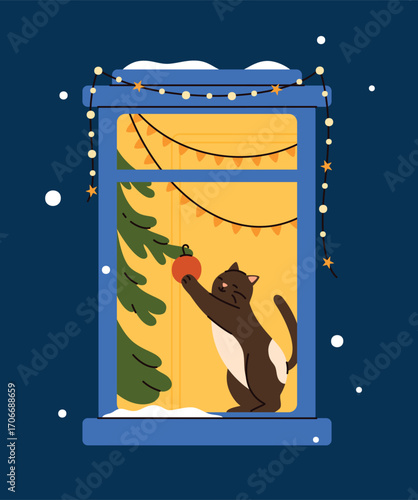 Christmas window with a cat playing with a Christmas toy. Winter holiday in a decorated cozy house. Flat vector illustration.