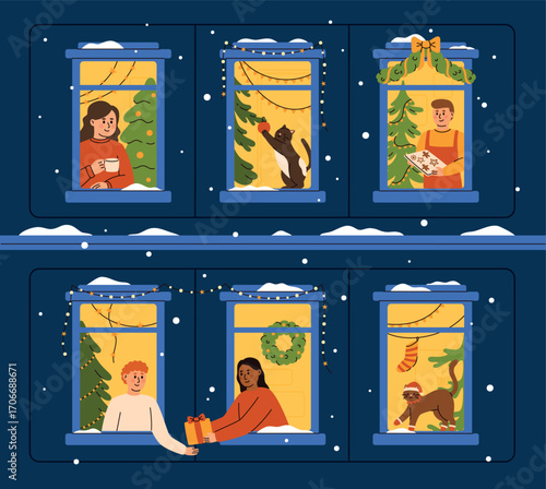 Christmas windows, people in festive homes. Winter holiday in a decorated cozy home. Happy people celebrating Christmas. Flat vector illustration.