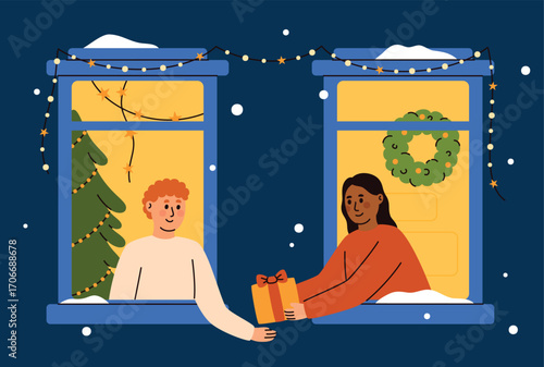 Christmas windows, people giving gifts to neighbors. Winter holiday in a decorated cozy home. Happy people celebrating Christmas. Flat vector illustration.