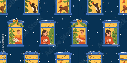 Seamless pattern with Christmas windows and people in festive homes. Winter holiday in a decorated cozy home. Happy people celebrating Christmas. Flat vector illustration.