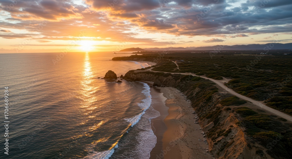 Naklejka premium Coastal Scene at Sunset with Beach and Waves