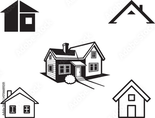 Collection of Stylized Black and White House and Home Illustrations