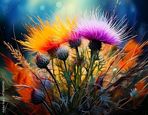 Vibrant floral bouquet with orange and purple thistle