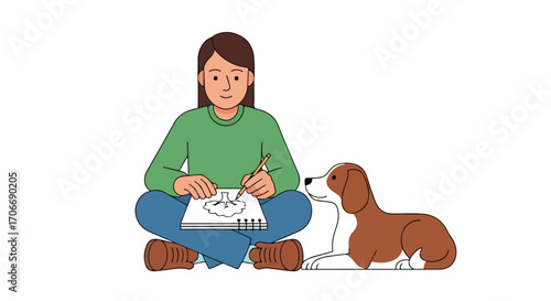 Illustration of a woman drawing a vase while her loyal dog companion patiently watches, enjoying a serene and creative moment together