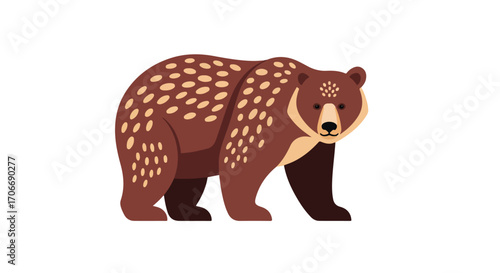 Stylized Illustration of a Brown Bear with Spotted Fur Patter on a White Background Isolated, Minimalistic Design Depiction for Educational Purposes