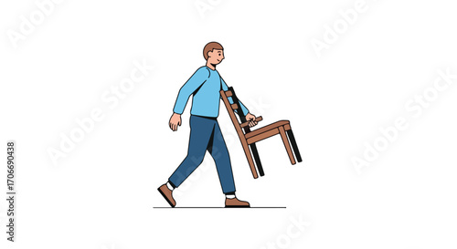 Illustration of a man carrying a chair on white background showcasing minimalist design and relocation theme conveying simplicity and domestic life