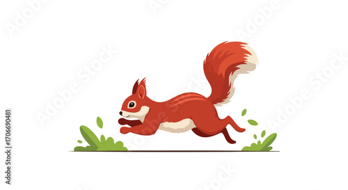 Cartoon squirrel leaping playfully across a grassy area, depicted in a bright, stylized illustration, perfect for children's media or educational