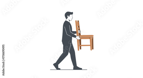 Illustration of a man carrying a wooden chair against a clean white background visual element is suitable for various design project