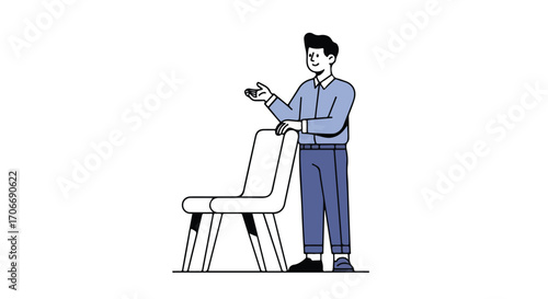 Illustration of a man in a casual pose next to a chair on a clean white background portraying modern communication