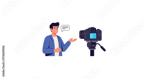 Engaging video tutorial, showcasing presenter sharing information through digital online media with a camera setup ready for recording or live