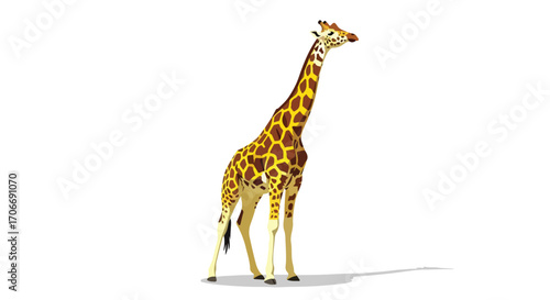 Illustrative giraffe standing tall against a clean white backdrop enhancing its unique patterned coat and elegant long neck posture