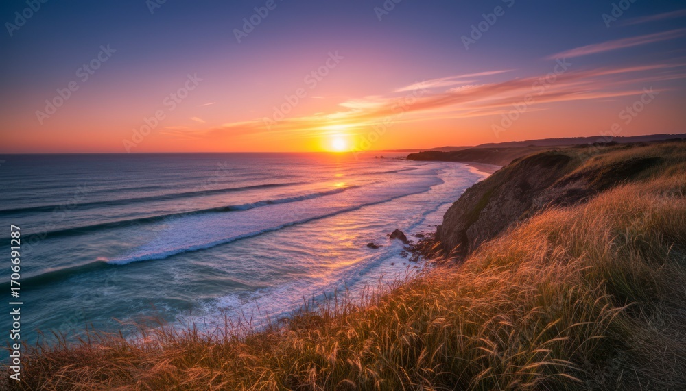 Obraz premium Ocean Sunset From Cliffside with Waves and Grass