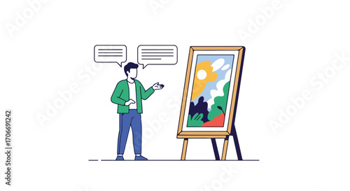 Artist presenting colorful landscape art, sharing insights about visual interpretation and the narrative elements within the composition